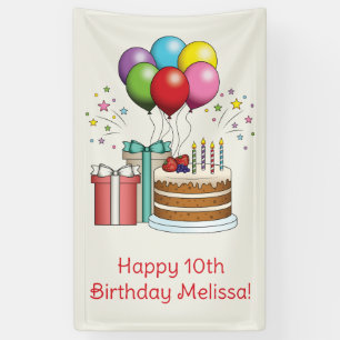 Bunte Geburtstagsballons mit Kuchen und Geschenken Banner