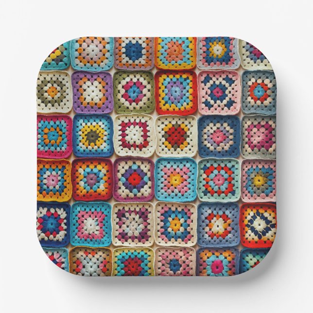 Bunte gehäkelt Granny Square-Decke Pappteller (Vorderseite)