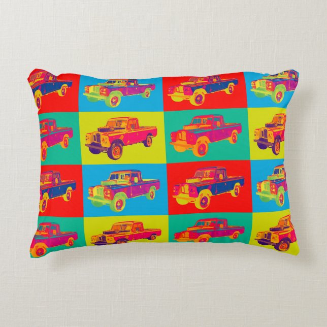Bunte Geländewagen-Lieferwagen-LKW-Pop-Kunst 1971 Zierkissen (Vorderseite)