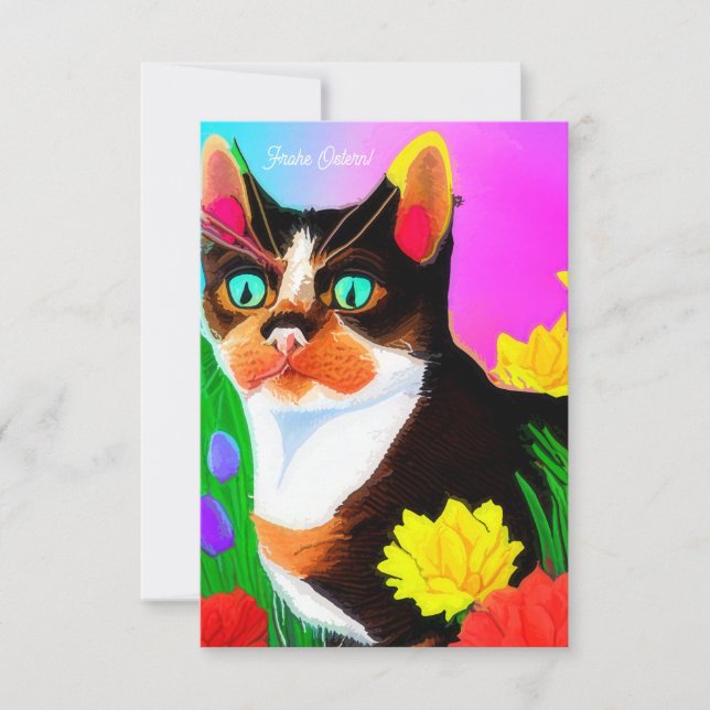 Bunte gemalte Katze und Blumen Ostern  Karte (Vorderseite)