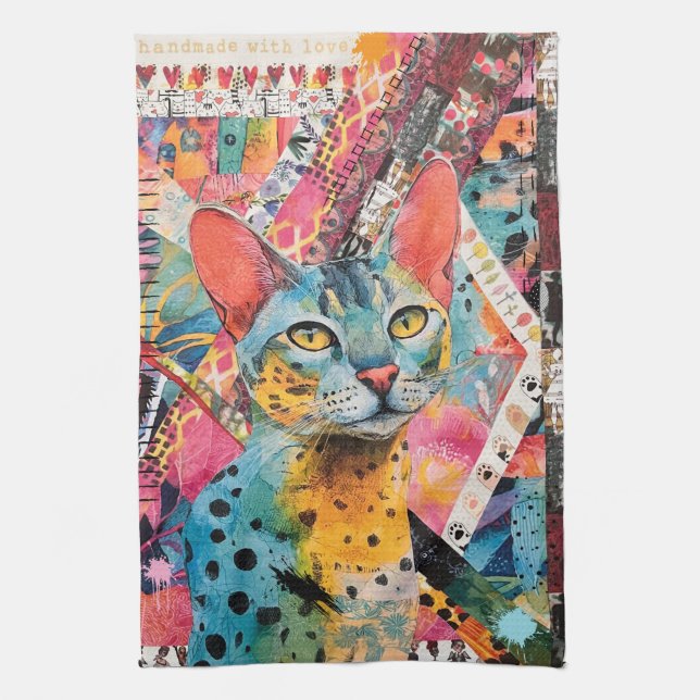 Bunte gemischte Mixed-Paper-Katze-Kollage Geschirrtuch (Vertikal)