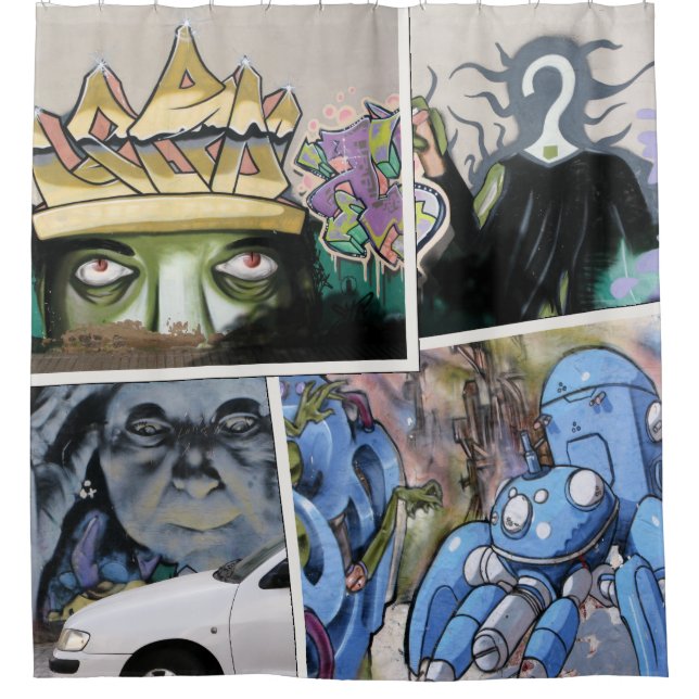 Bunte Grungy Straßen-Kunst-Collage Duschvorhang (Vorderseite)