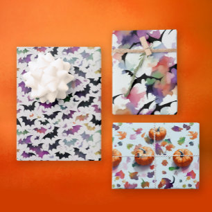 Bunte Halloween fallen Pumpkins Fledermäuse Aquare Geschenkpapier Set