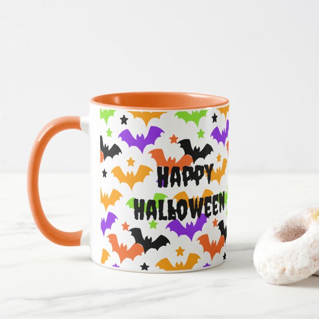 Bunte Halloween-Fledermäuse Tasse (Mit Donut)