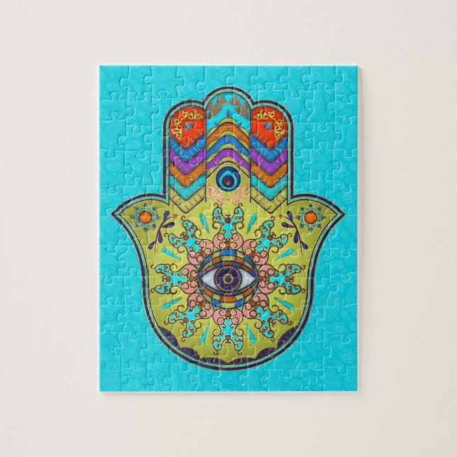 Bunte Hamsa Hand mit Paisley Puzzle (Vertikal)