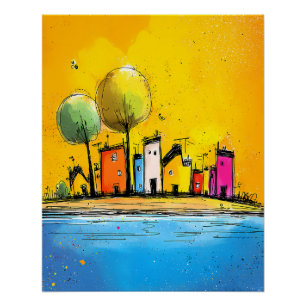 Bunte Häuser am See im Pop Art Cartoon Stil Poster