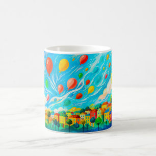 Bunte Häuser mit Ballons in einem windigen Himmel Kaffeetasse