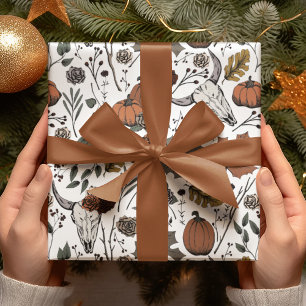 Bunte Herbsternte und Kuhschädel Halloween Geschenkpapier
