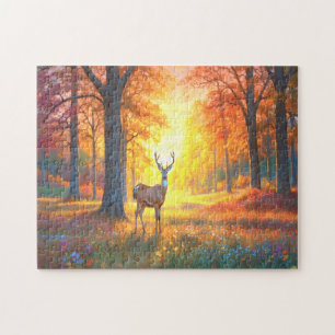 Bunte Herbstfarben im Wald und Hirsch-Kunst Puzzle