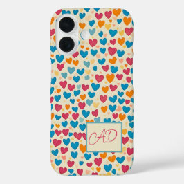 Bunte Herzen, Monogramm, glücklicher Tag, iPhone 16 Hülle