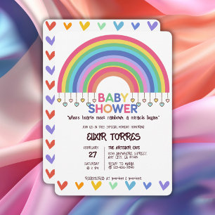 Bunte Herzen treffen Retro-Regenbogen-Baby-Party Einladung