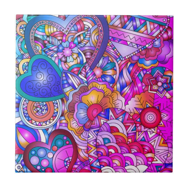 Bunte Herzen und Blumen Abstrakte Kunst Fliese (Vorderseite)