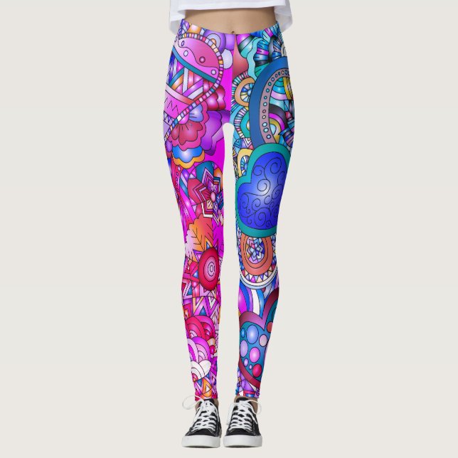 Bunte Herzen und Blumen Abstrakte Kunst Leggings (Vorderseite)