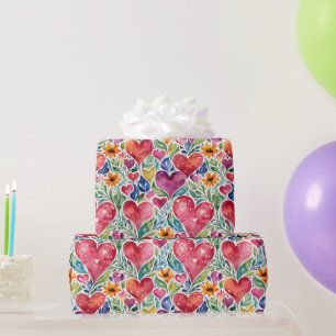 Bunte Herzen und Blumen Geschenkpapier