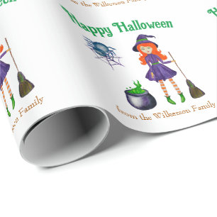 Bunte Hexe und Spider Individuelle Name Halloween Geschenkpapier