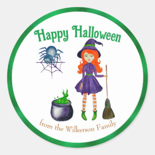Bunte Hexe und Spinne Benutzername Halloween Runder Aufkleber