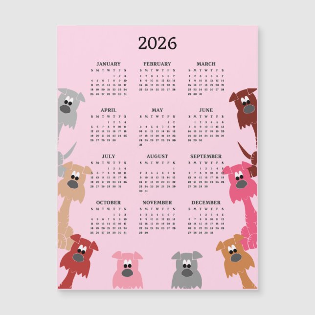 Bunte Hunde 2026 Kalender Magnetkarte (Vorderseite)