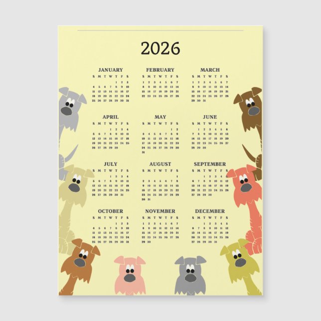 Bunte Hunde 2026 Kalender Magnetkarte (Vorderseite)