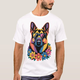 Bunte Hundekunst mit Blumen und Schattierungen T-Shirt