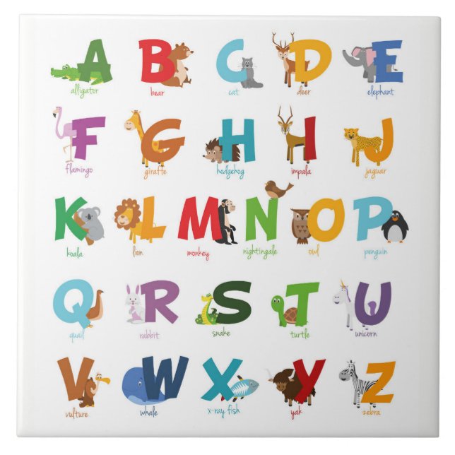 Bunte illustrierte Tieralphabet-Buchstaben Fliese (Vorderseite)