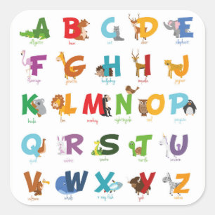 Bunte illustrierte Tieralphabet-Buchstaben Quadratischer Aufkleber