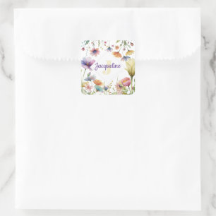 Bunte illustrierte Wildblume mit Monogramm Quadratischer Aufkleber