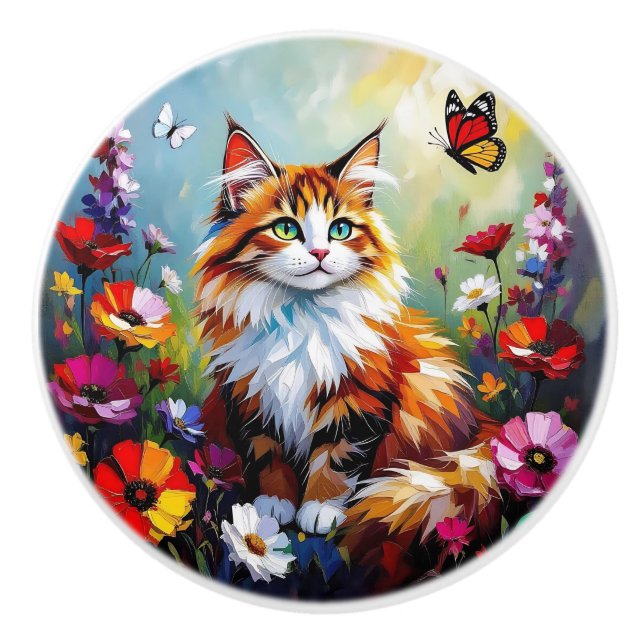 Bunte Impasto-Volkskunstkatze   Keramikknauf (Vorderseite)