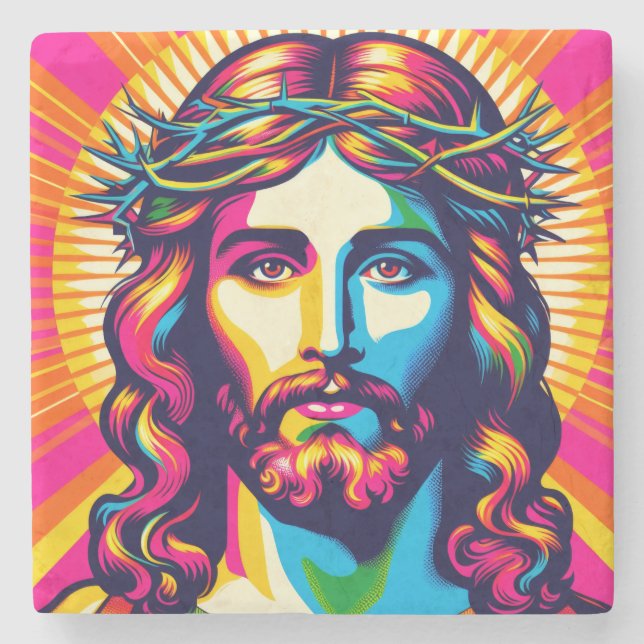 Bunte Jesus-Getränkeuntersetzer. Steinuntersetzer (Vorderseite)