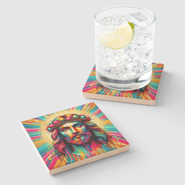 Bunte Jesus-Untersetzer! Steinuntersetzer (Seitenansicht)