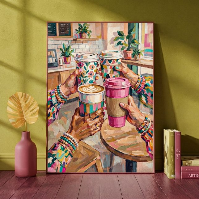 Bunte Kaffeehaus-Cheers-Freunde-Hände-Halten  Poster (Von Creator hochgeladen)