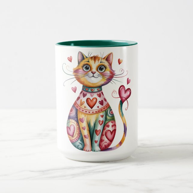 Bunte Kaffeetasse mit Design von Katze und Herzen (Zentrum)