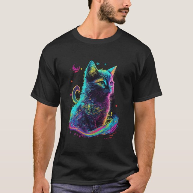 Bunte Kätzchen Katze psychedelische Kunst T-Shirt (Vorderseite)