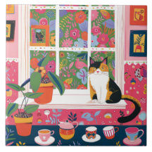 Bunte Katze auf Fensterbank Pop Art