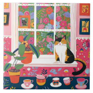 Bunte Katze auf Fensterbank Pop Art Fliese