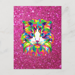 Bunte Katze auf funkelndem Hintergrund Postkarte