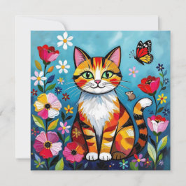 Bunte Katze, Blumen und Schmetterling
