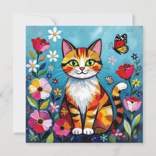 Bunte Katze, Blumen und Schmetterling  (Vorderseite)