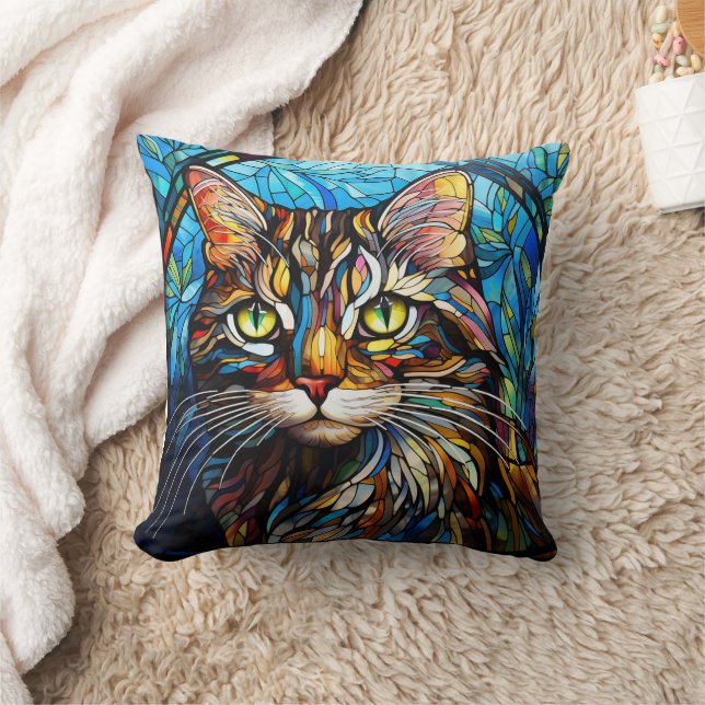 Bunte Katze im Buntglasstil Kissen (Decke)