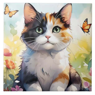 Bunte Katze im Frühlingsgarten mit Schmetterlingen Fliese