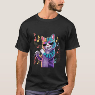 Bunte Katze mit Sonnenbrille spielt Flöte Katze T-Shirt