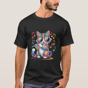 Bunte Katze mit Sonnenbrille spielt Flöte T-Shirt