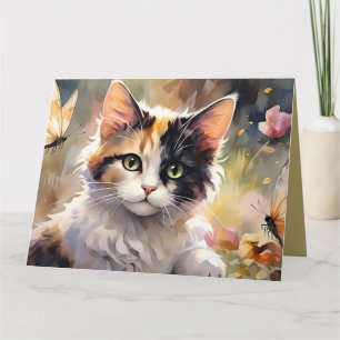 Bunte Katze, Schmetterlinge Frühlingsgarten Dankeskarte