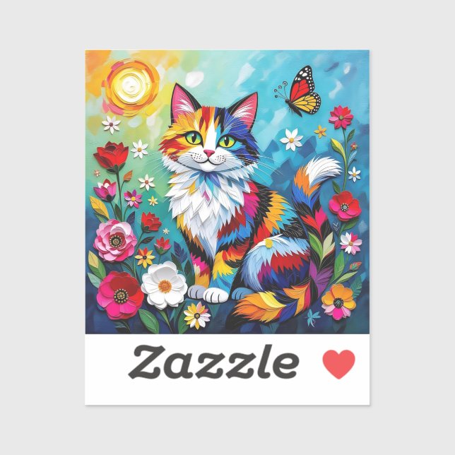 Bunte Katze und Schmetterling   Aufkleber (Blatt)