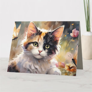 Bunte Katze und Schmetterlinge im Frühlingsgarten Karte