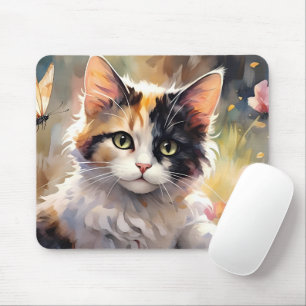 Bunte Katze und Schmetterlinge im Frühlingsgarten Mousepad