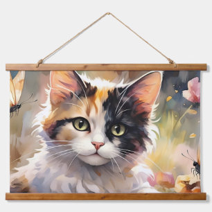 Bunte Katze und Schmetterlinge im Frühlingsgarten Wandteppich Mit Holzrahmen