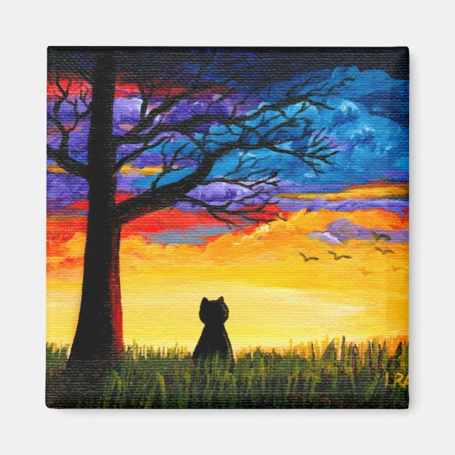 Bunte Katzen-Eichenbaum-Landschaft Creationarts Magnet (Vorne)