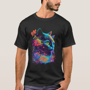 Bunte Katzen-Gesichts-Blumen-Psychedelic-Kunst T-Shirt