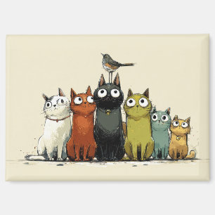 Bunte Katzen Gruppe – Süße Whimsical Katzen Kunst Magnet