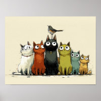 Bunte Katzen Gruppe – Süße Whimsical Katzen Kunst